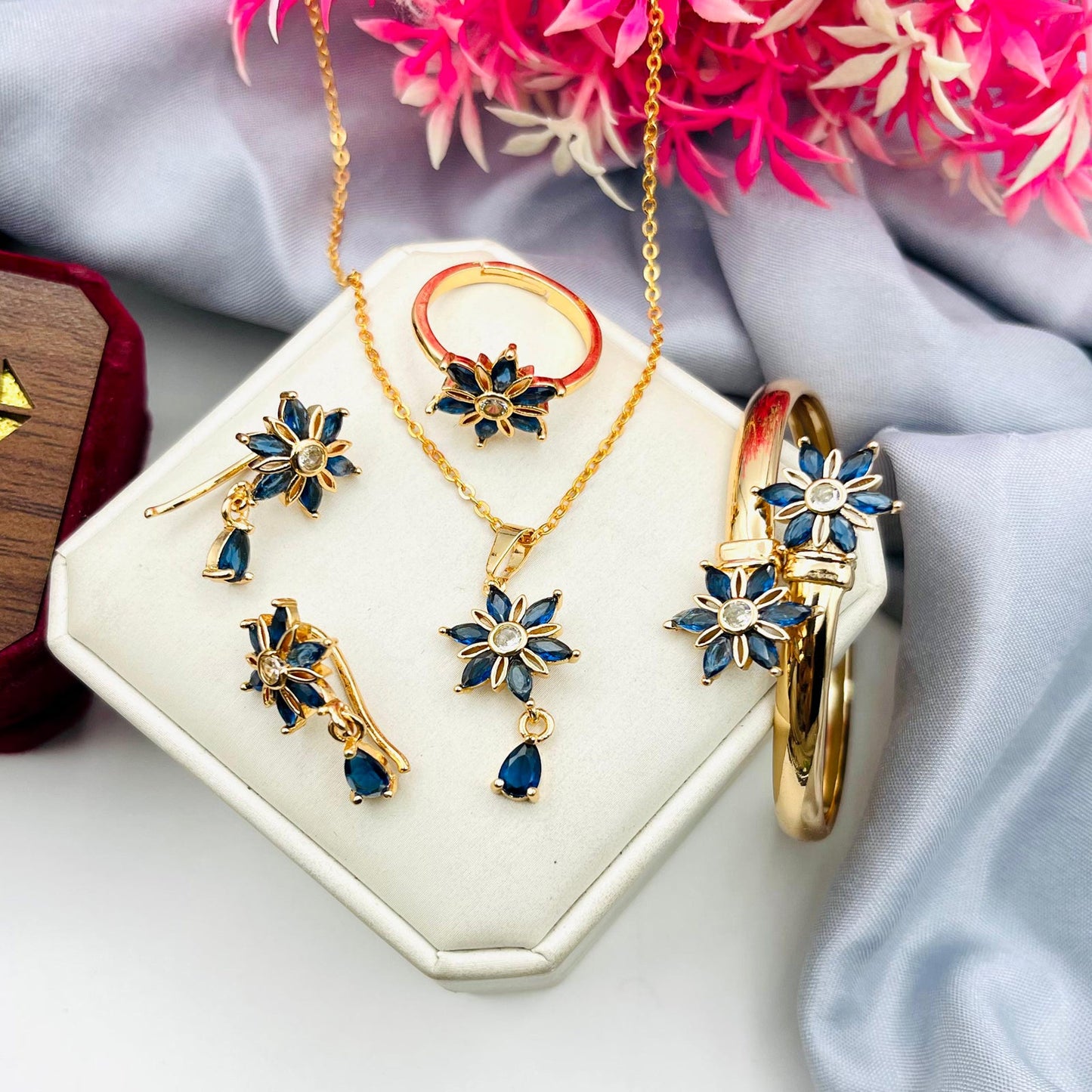 Fancy Beautiful Gold Plated Flower Design Zircon Combo Set For Her