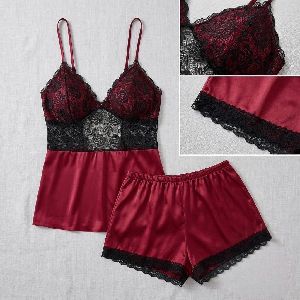Satin Floral Lace Cami Short Set