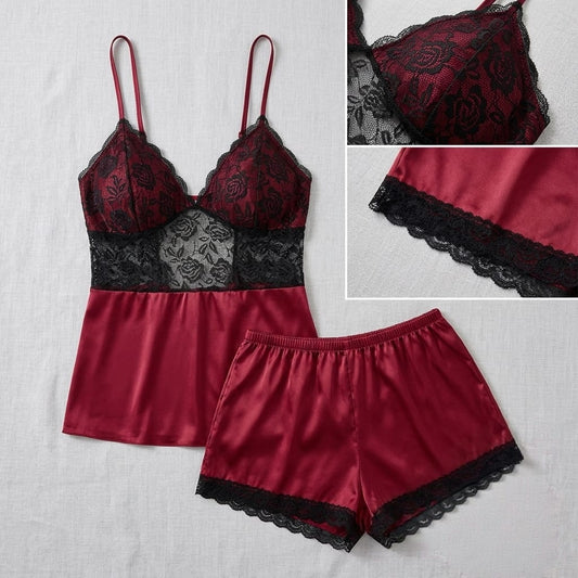 Satin Floral Lace Cami Short Set
