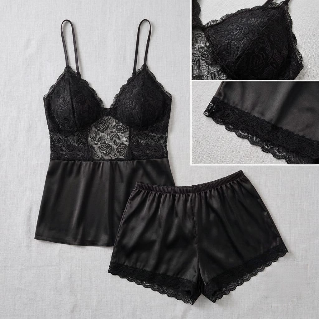 Satin Floral Lace Cami Short Set